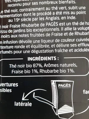 Lista de ingredientes del producto Thé Noir Bio Fraise Rhubarbe Pagès 20 sachets