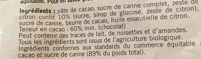 Lista de ingredientes del producto Chocolat Noir Citron (60% cacao) Artisans du monde 100 g