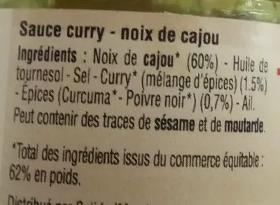 Lista de ingredientes del producto Sauce curry noix de cajou  