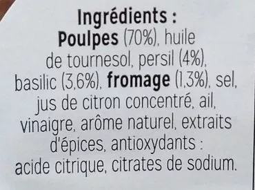 Lista de ingredientes del producto Poulpes marinés L'Apéro du Poissonnier, Pêcheur de Saveurs 120 g