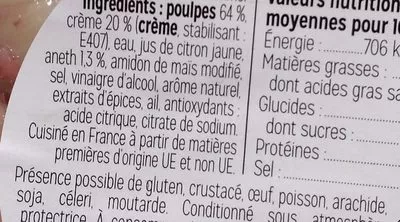 Lista de ingredientes del producto Apéri poulpes sauce aneth L'Apéro du Poissonnier 125 g