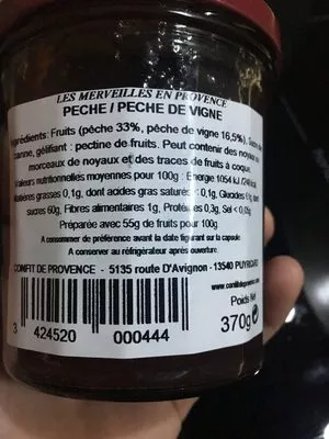 Lista de ingredientes del producto Peche peche de vigne Les Merveilles En Provence 370 g