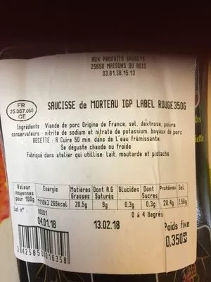 Lista de ingredientes del producto Saucisse de morteau Aux Produits Saugets 