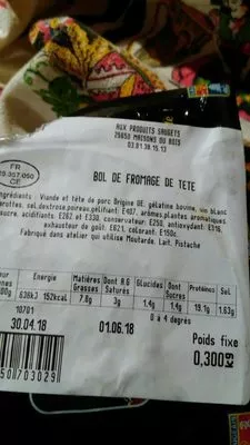 Lista de ingredientes del producto Fromage de tête  