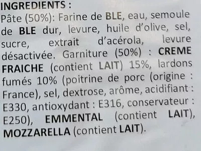 Lista de ingredientes del producto Fozza crème lardon Grain d'Or Gel 170 g