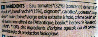 Lista de ingredientes del producto Sauce bolognaise au Boeuf du Sud-Ouest bio Danival, Le Moulin d'Andiran 430 g