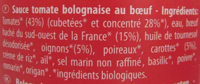 Lista de ingredientes del producto Sauce Bolognaise au Bœuf Danival 430 g