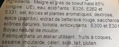 Lista de ingredientes del producto Merguez de boeuf Oriental Viandes 1 kg