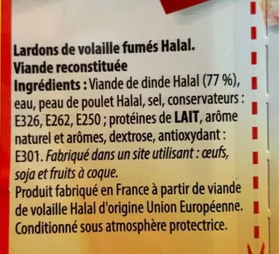 Lista de ingredientes del producto Lardon de volaille (Fumés) Oriental Viandes 220 g