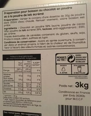 Lista de ingredientes del producto Lacté chocolat poudre sachets Gilbert 3 kg