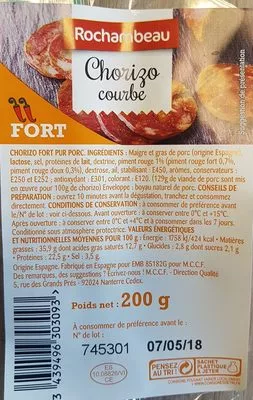 Lista de ingredientes del producto chorizo courbe rochambeau 200 g