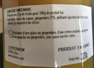 Lista de ingredientes del producto Confiture gingembre artisanale L'Epicurien 320 g