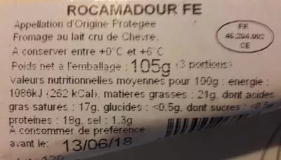 Lista de ingredientes del producto Rocamadour La fromagerie du quercy 105 gr