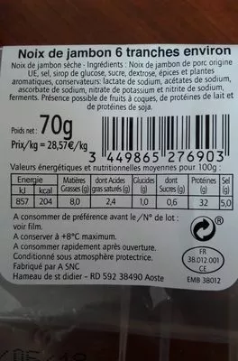 Lista de ingredientes del producto Noix de jambon  