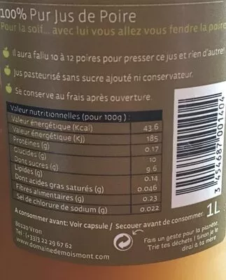 Lista de ingredientes del producto Jus de poire Domaine de Moismont 1 L