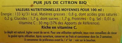 Lista de ingredientes del producto Pur jus de citron Jardin Bio, Léa Nature 