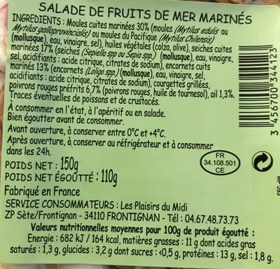 Lista de ingredientes del producto Salade de Fruits de Mer Marinés Les Plaisirs du Midi 