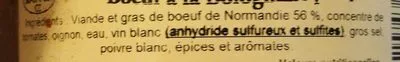 Lista de ingredientes del producto Boeuf a la bolognaise pour pâtes et gratin Les Marmites D'Augustine 380 g