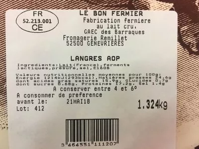 Lista de ingredientes del producto Langres AOP  