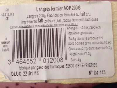 Lista de ingredientes del producto Langres fermier 200g GAEC des barraques 200g