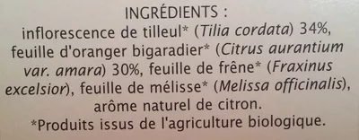 Lista de ingredientes del producto Infusion tilleul oranger détente Jardin bio, LEA Nature 30 g (20 sachets de 1,5 g)