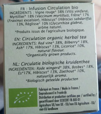 Lista de ingredientes del producto Infusion Circulation vigne rouge Jardin Bio Jardin Bio, LEA Nature 30 g (20 sachets de 1,5 g)