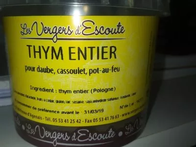 Lista de ingredientes del producto Thym entier Les Vergers d'Escoute 