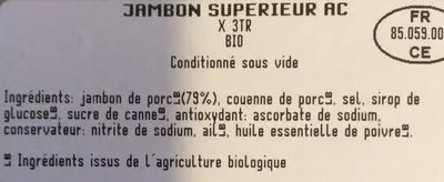 Lista de ingredientes del producto Jambon Blanc Ac 3 Tranches Bioporc 