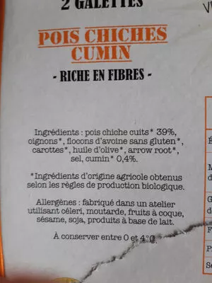 Lista de ingredientes del producto Galette pois chiches et cumin Tossolia 180g