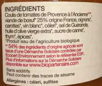 Lista de ingredientes del producto Sauce Bolognaise au boeuf La reserve de champlat, Champlat,  Réserve de Champlat 340 g