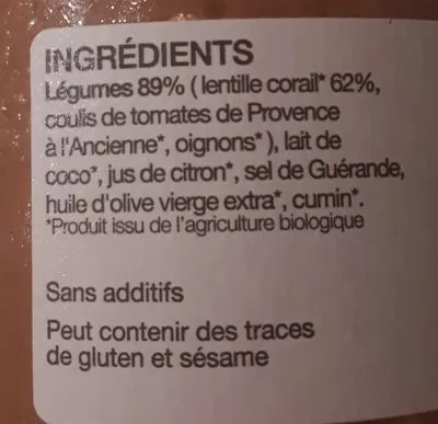 Lista de ingredientes del producto Soupe lentilles corail à diluer La reserve de champlat 340g