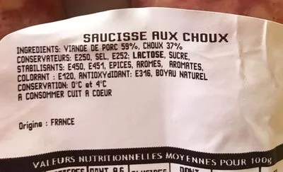 Lista de ingredientes del producto Saucisse aux choux  