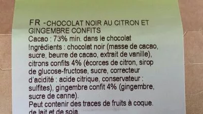 Lista de ingredientes del producto Chocolat noir citron & gingembre Bovetti 