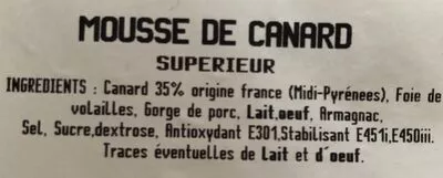 Lista de ingredientes del producto La mousse de canard Le Jambon D’auch 