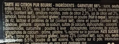 Lista de ingredientes del producto Tarte citron pur beurre aux oeufs frais Dessaint 90 g