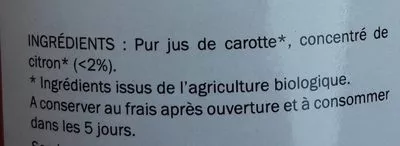 Lista de ingredientes del producto Jus de carottes Histoires d'ici 