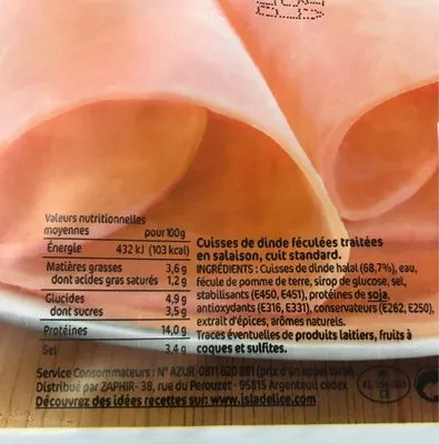 Lista de ingredientes del producto Delice de dinde Isla Délice 160 g (4 tranches)