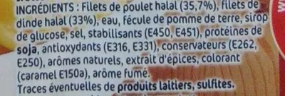 Lista de ingredientes del producto Allumettes de poulet fumées Isla Délice 2 * 100 g (200 g)