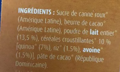 Lista de ingredientes del producto Chocolat lait cereales croustillantes Marcel & Fils, Chocolaterie Castelain 100 g