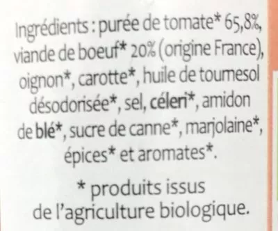 Lista de ingredientes del producto Sauce bolognaise au bœuf rôti Natur'Avenir 500 g