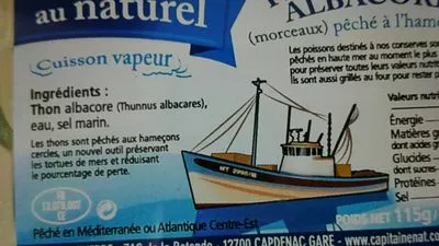 Lista de ingredientes del producto Thon albacore pêché à l'hameçon CAPITAINE Nat 80 g