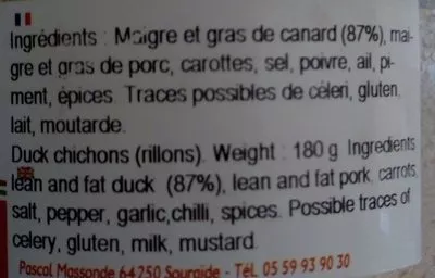 Lista de ingredientes del producto Chichons de Canard Pascal Massonde 