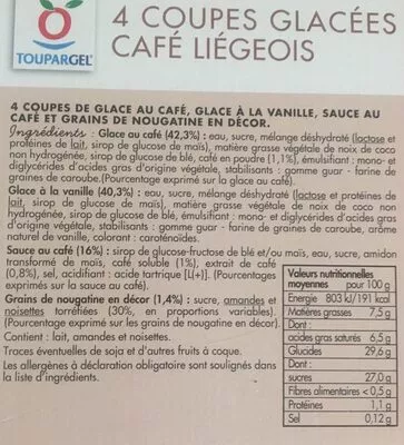 Lista de ingredientes del producto Coupe Glacée Café Liégeois Toupargel 