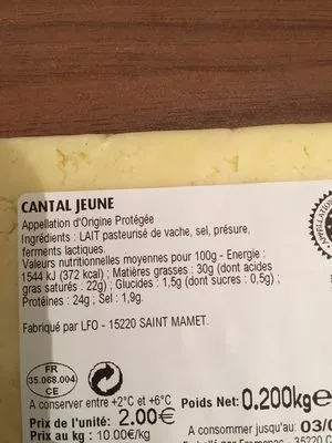 Lista de ingredientes del producto Fromage cantal jeune Super u 