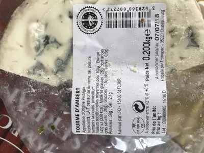 Lista de ingredientes del producto Fromage Fourme Ambert, Fromapac 