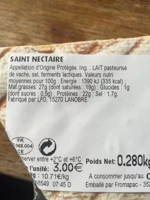 Lista de ingredientes del producto Saint nectaire Intermarché 