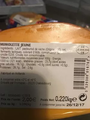 Lista de ingredientes del producto Mimolette jeune Intermarche 