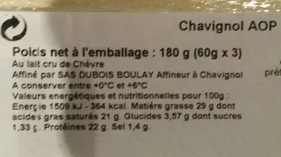 Lista de ingredientes del producto Chavignol fermier Dubois Boulay 180 g