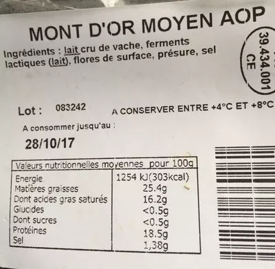 Lista de ingredientes del producto Mont d'or moyen aop Fromageries Arnaud, Arnaud 