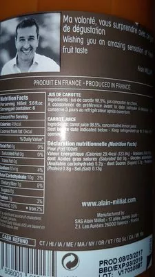 Lista de ingredientes del producto Jus De Carotte Alain milliat 